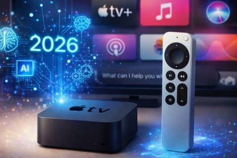 Apple TV com controle remoto ao lado da televisão, representando nova geração do dispositivo com inteligência artificial prevista para 2026