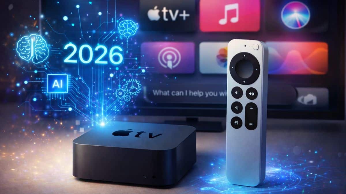 Apple TV com controle remoto ao lado da televisão, representando nova geração do dispositivo com inteligência artificial prevista para 2026