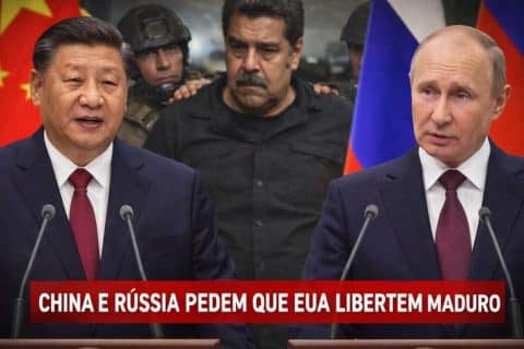 Presidentes da China e da Rússia aparecem em pronunciamentos oficiais enquanto imagem ao fundo representa a detenção de Nicolás Maduro.