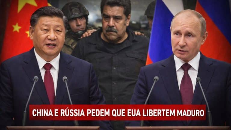Presidentes da China e da Rússia aparecem em pronunciamentos oficiais enquanto imagem ao fundo representa a detenção de Nicolás Maduro.