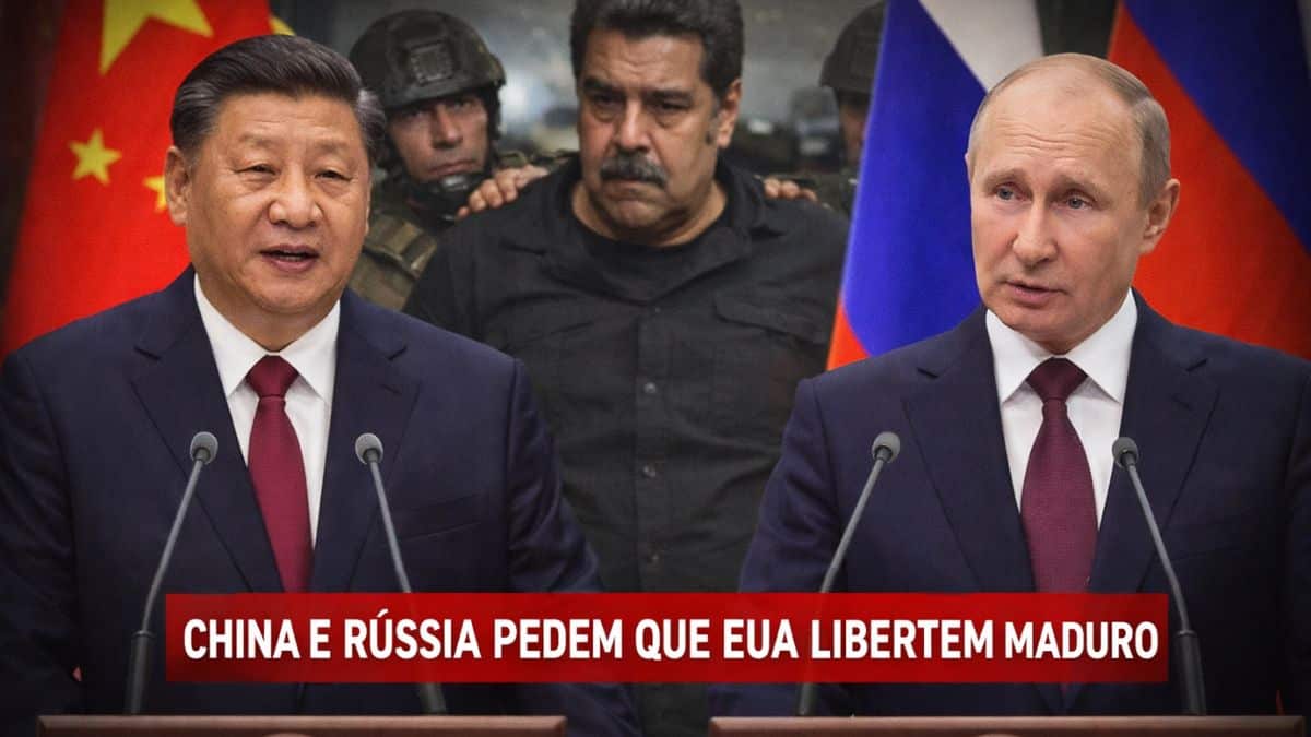 Presidentes da China e da Rússia aparecem em pronunciamentos oficiais enquanto imagem ao fundo representa a detenção de Nicolás Maduro.
