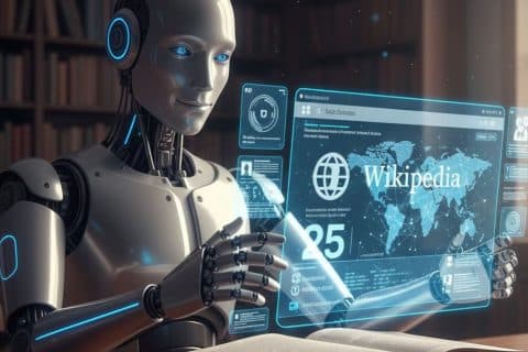 Ilustração mostra robô utilizando interface digital com a Wikipédia, simbolizando a relação entre inteligência artificial e a enciclopédia colaborativa ao longo de seus 25 anos.