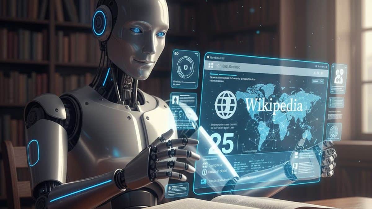 Ilustração mostra robô utilizando interface digital com a Wikipédia, simbolizando a relação entre inteligência artificial e a enciclopédia colaborativa ao longo de seus 25 anos.
