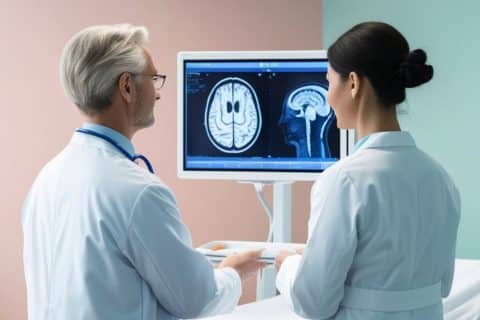 Médicos analisam exame de ressonância magnética do cérebro em ambiente clínico