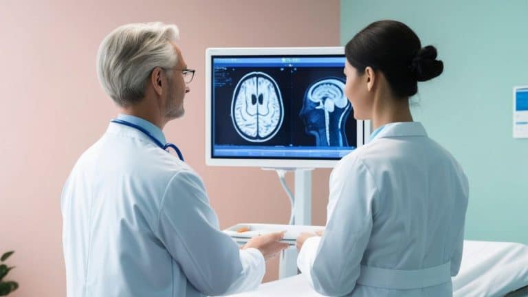 Médicos analisam exame de ressonância magnética do cérebro em ambiente clínico