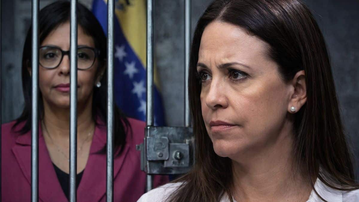 Montagem mostra María Corina Machado em primeiro plano e Delcy Rodríguez ao fundo, com bandeira da Venezuela em destaque
