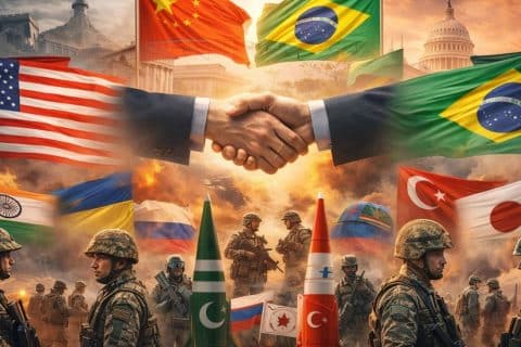 Ilustração mostra líderes apertando as mãos diante de bandeiras de países aliados, enquanto soldados e mísseis ao fundo simbolizam tensões e risco de conflito internacional