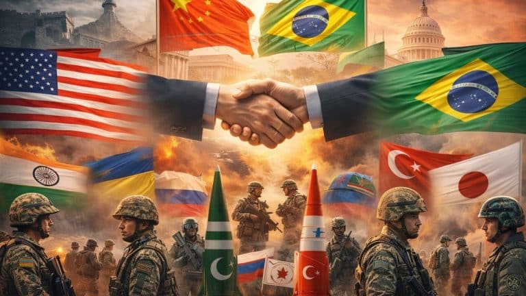 Ilustração mostra líderes apertando as mãos diante de bandeiras de países aliados, enquanto soldados e mísseis ao fundo simbolizam tensões e risco de conflito internacional