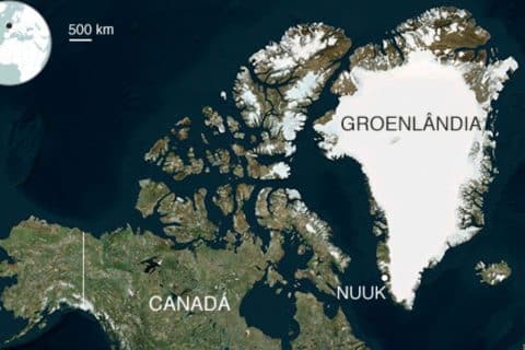 Mapa mostra a localização da Groenlândia no Ártico, próxima ao Canadá, com destaque para a capital Nuuk