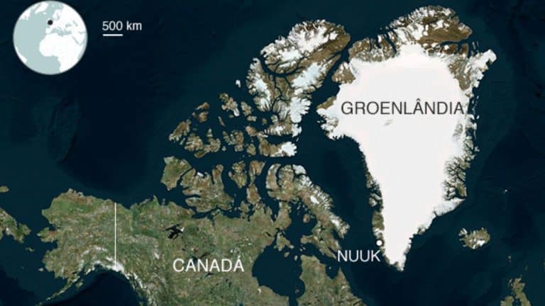 Mapa mostra a localização da Groenlândia no Ártico, próxima ao Canadá, com destaque para a capital Nuuk