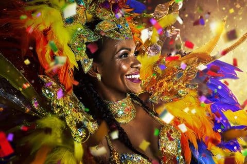 Passista do carnaval do Rio com fantasia colorida e penas durante desfile em clima de festa e celebração