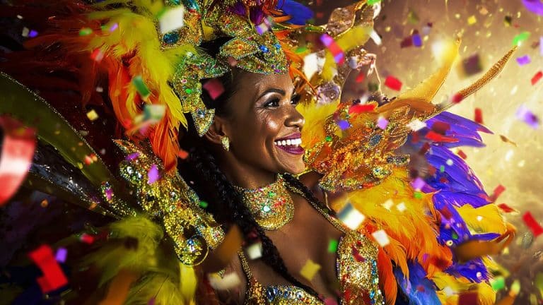 Passista do carnaval do Rio com fantasia colorida e penas durante desfile em clima de festa e celebração