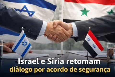 Representantes de Israel e da Síria apertam as mãos diante das bandeiras dos dois países, simbolizando a retomada do diálogo diplomático por um acordo de segurança.