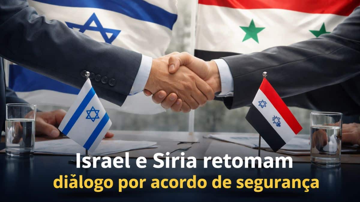Representantes de Israel e da Síria apertam as mãos diante das bandeiras dos dois países, simbolizando a retomada do diálogo diplomático por um acordo de segurança.